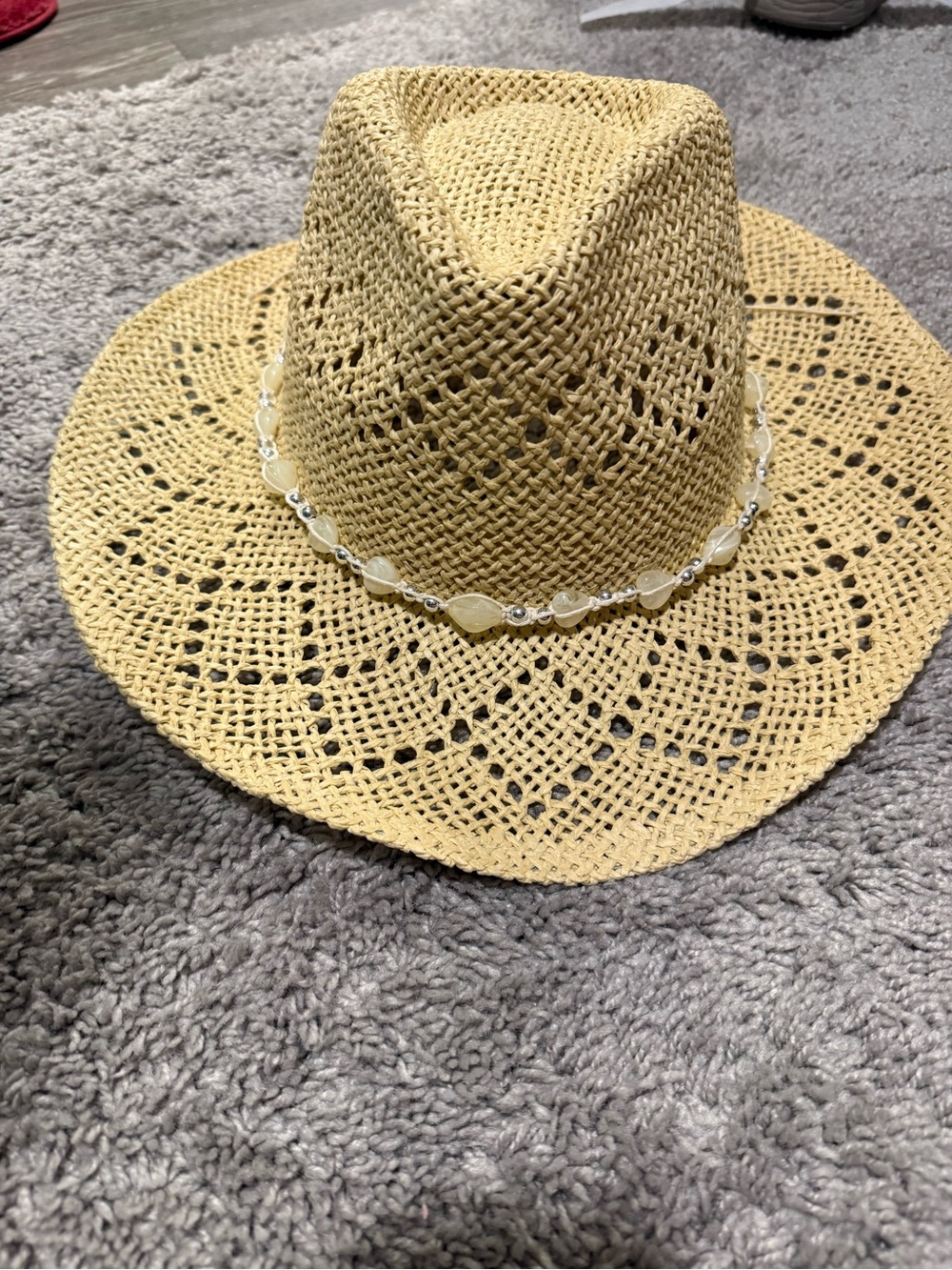Straw Crochet Cowboy Hat with Beaded Band - Natural
